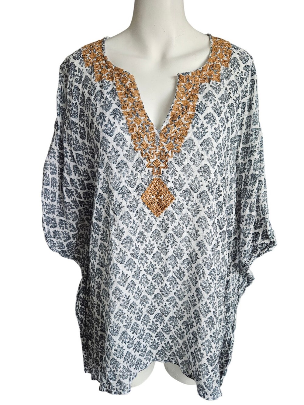 J Jill Flowy V-neck Poncho S-L Boho Print Top Lagenlook Coastal Grandma Chic